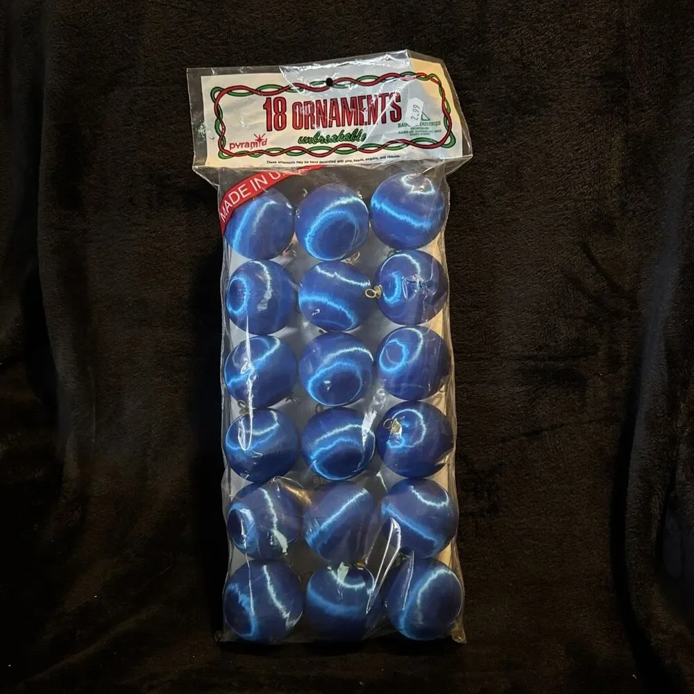 Vintage 70s Pyramid 18 Blue Satin Unbreakable Christmas Tree Ornaments